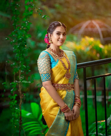 Yellow and Rama Colour Kanjivaram Woven Silk Saree With Blouse Piece
