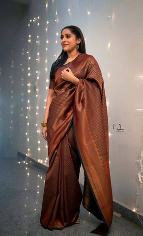 Brown Colour Kanjivaram Woven Silk Saree With Blouse Piece