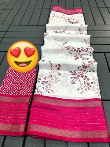 Surpassing Off White Digital Printed Dola Silk Saree With Ravishing Blouse Piece