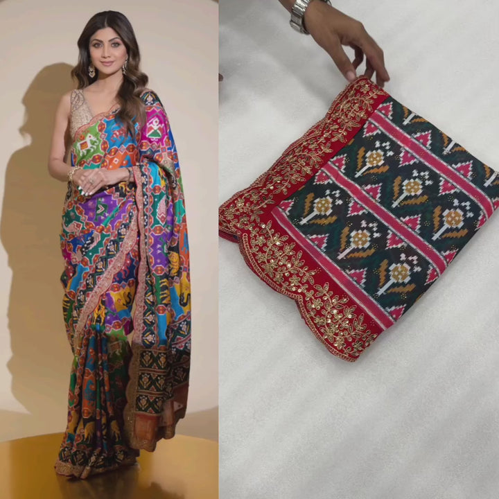 Royal Patola Georgette Saree with Swarovski Diamond Work &amp; Designer Mono Silk Blouse