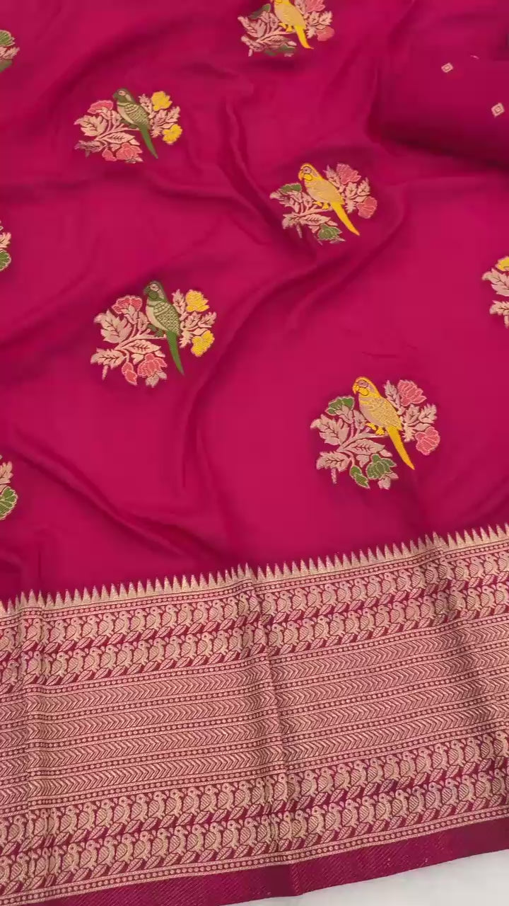 Pure Hand-Dyed Nylon Kadi Crepe Georgette Meenakari Jacquard Saree - PINK