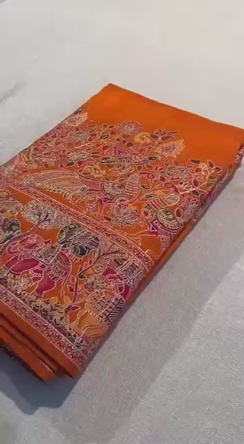 Pure Soft Rajwadi Pashmina Silk Saree with Kashmiri Woven Pallu &amp; Heavy Zari Border-ORANGE