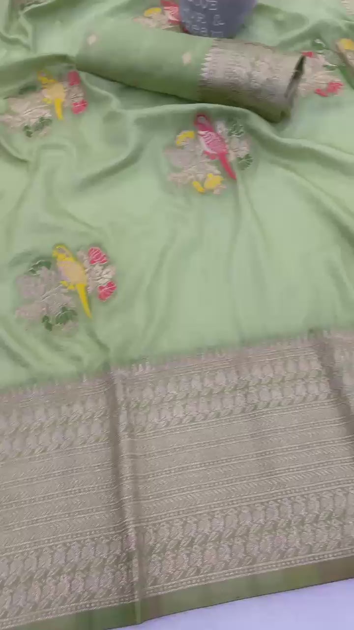 Pure Hand-Dyed Nylon Kadi Crepe Georgette Meenakari Jacquard Saree - PARROT