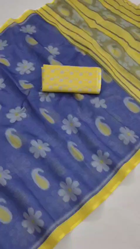 Blue Mango Soft Linen Cotton Printed Saree with Matching Blouse Piece