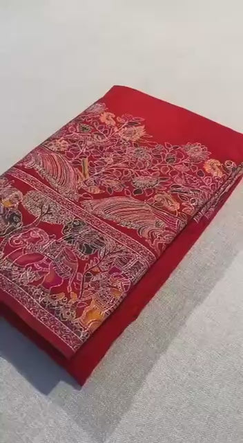 Pure Soft Rajwadi Pashmina Silk Saree with Kashmiri Woven Pallu &amp; Heavy Zari Border-RED