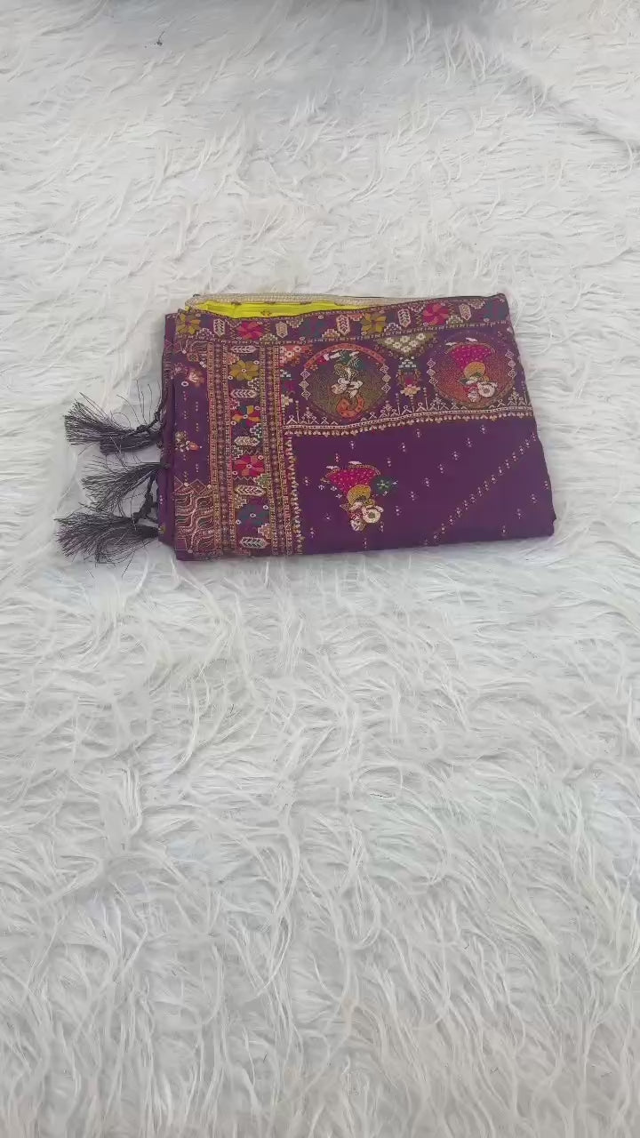 ✨ Elegant Soft Silk Dark Purple Saree with Pashmina Work &amp; Contrast Blouse ✨