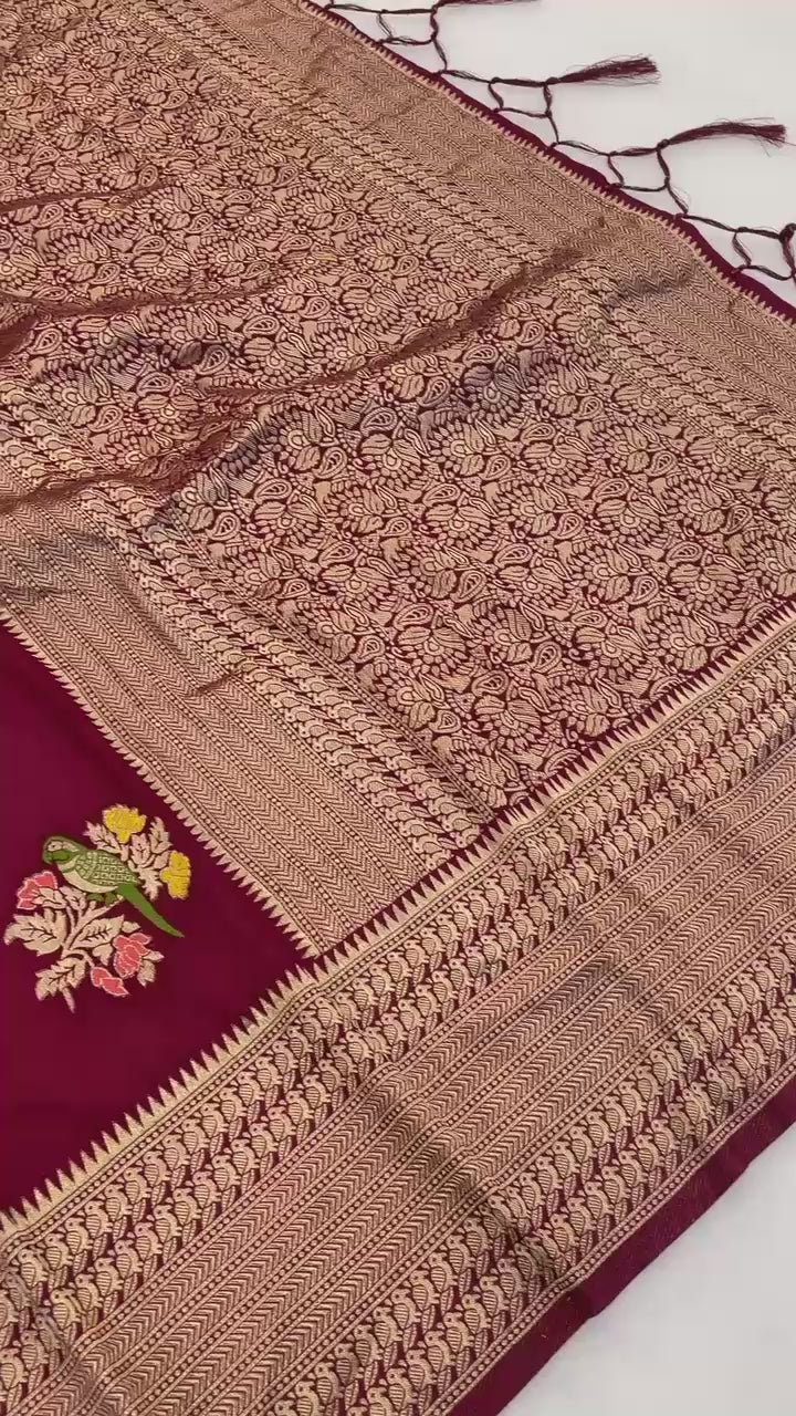 Pure Hand-Dyed Nylon Kadi Crepe Georgette Meenakari Jacquard Saree - MAROON