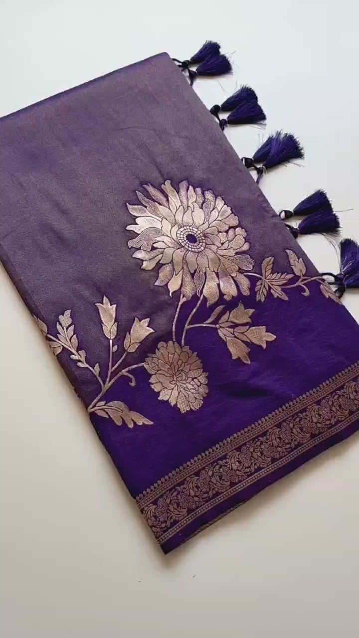 Royal gold zari floral weaving Premium Banarasi Silk Saree - PURPLE
