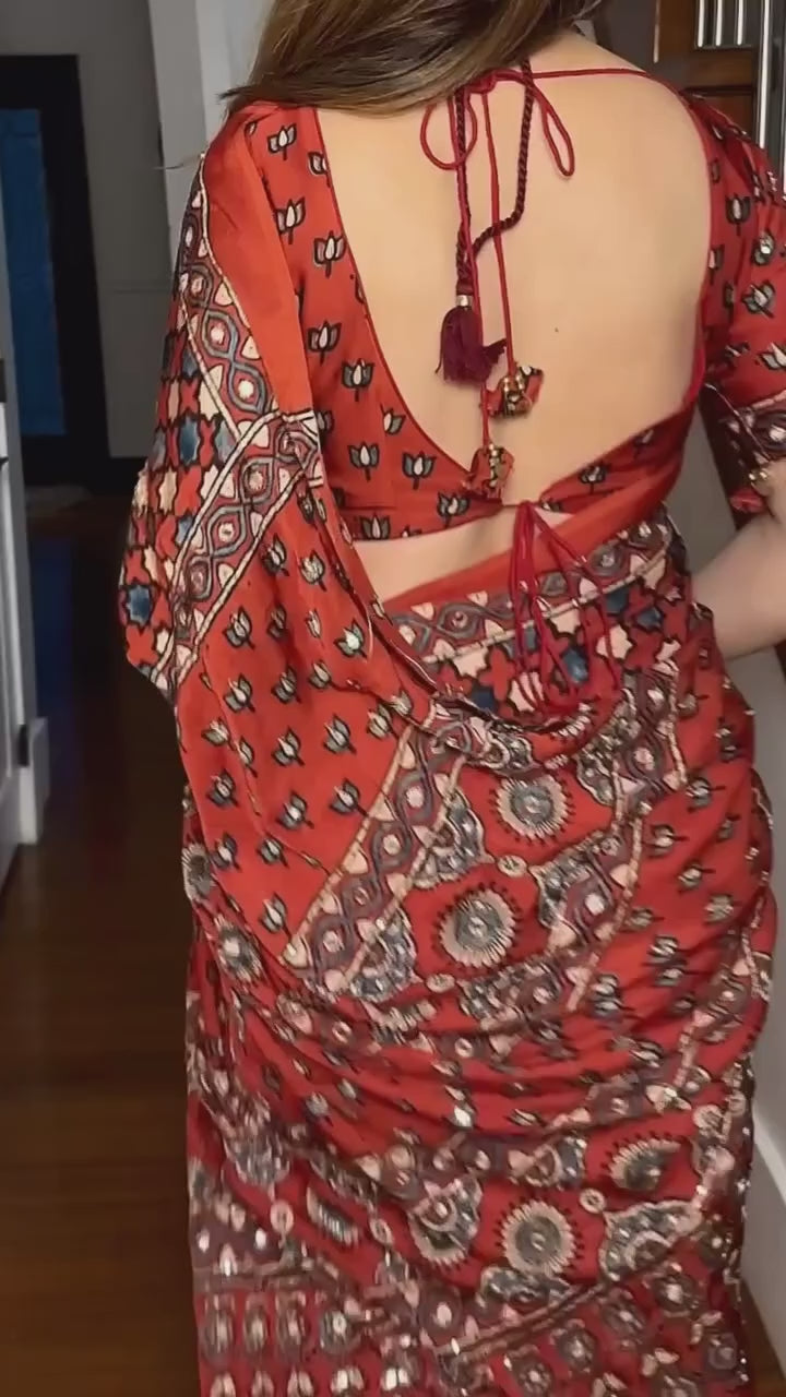 Aarohi ajrakh Satin Saree- Red