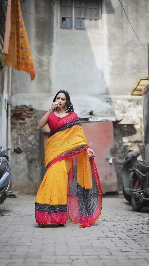 Elegant Soft Linen Cotton Ikkat Printed Saree with Pum Pum Lace Border &amp; Printed Blouse Piece
