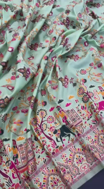 Pure Rajwadi Pashmina Silk Weaving Saree with Kashmiri Thread Woven Pallu _ SKY BLUE