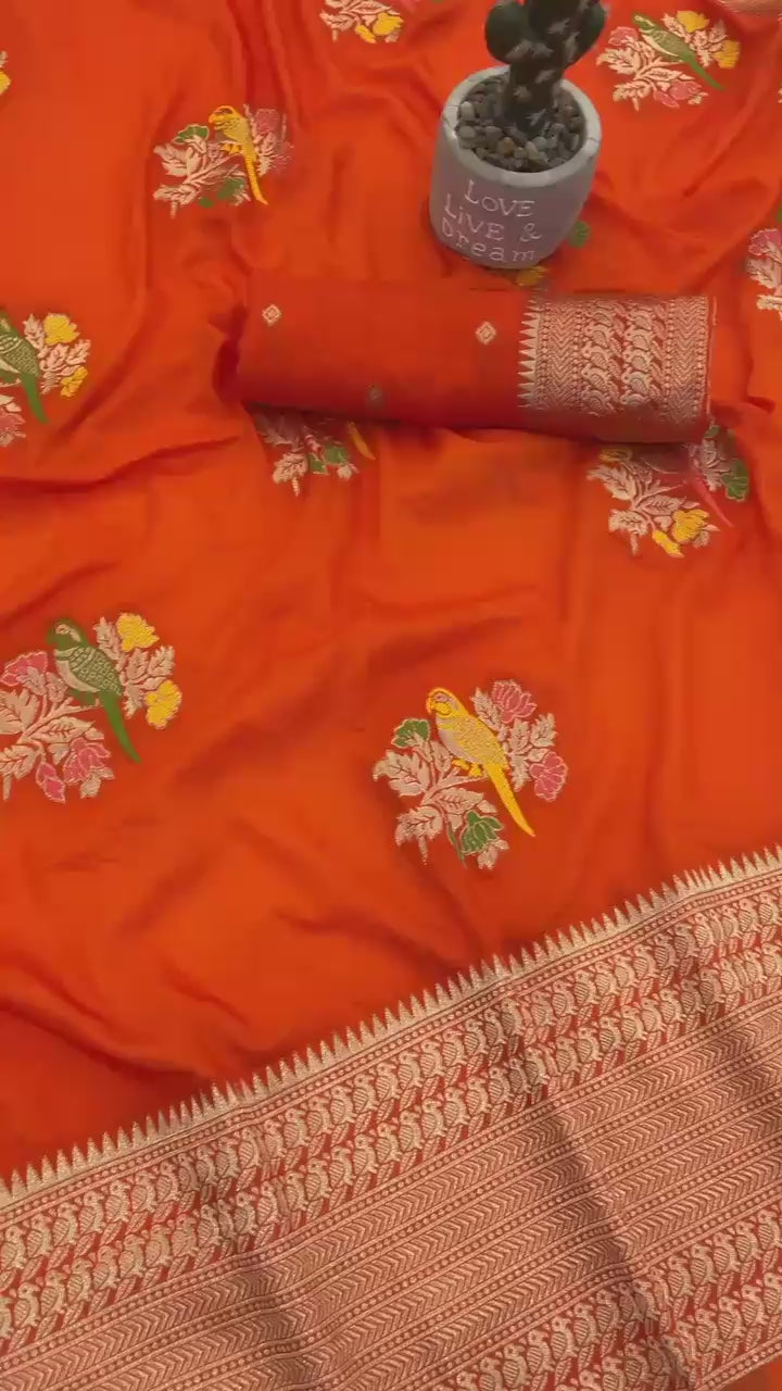 Pure Hand-Dyed Nylon Kadi Crepe Georgette Meenakari Jacquard Saree - ORANGE