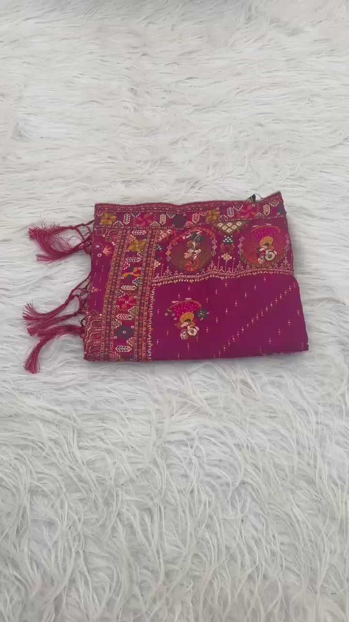 ✨ Elegant Soft Silk Pink Saree with Pashmina Work &amp; Contrast Blouse ✨