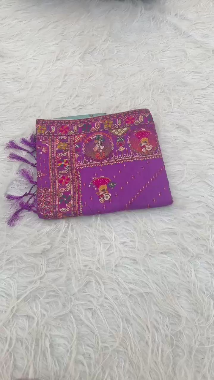 ✨ Elegant Soft Silk Light purple Saree with Pashmina Work &amp; Contrast Blouse ✨