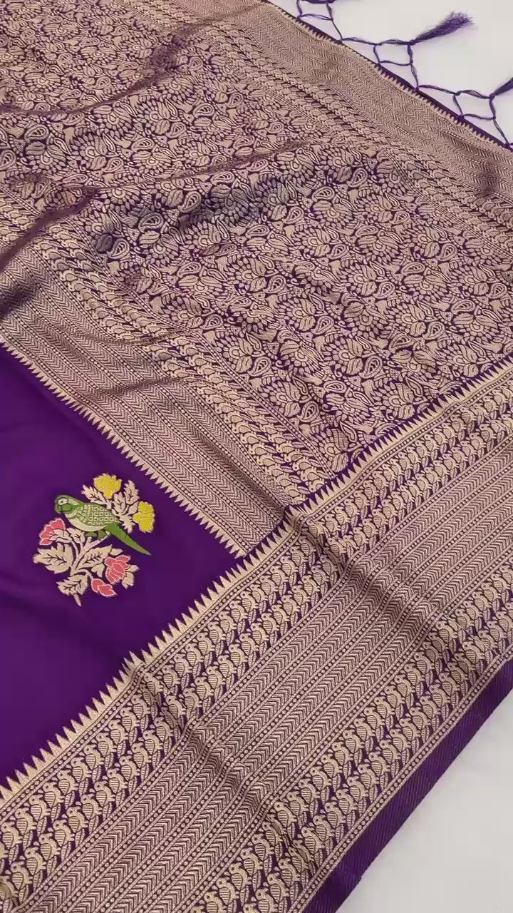Pure Hand-Dyed Nylon Kadi Crepe Georgette Meenakari Jacquard Saree - PURPLE