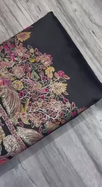 Pure Soft Rajwadi Pashmina Silk Saree with Kashmiri Woven Pallu &amp; Heavy Zari Border-BLACK
