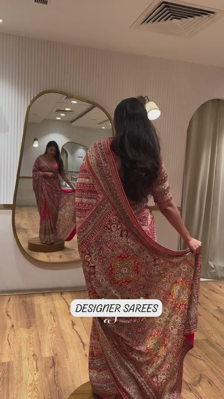 Ruhika Mirror Soft Chinnon with beautiful print saree - Pink