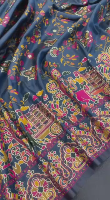 Pure Rajwadi Pashmina Silk Weaving Saree with Kashmiri Thread Woven Pallu _ BLUE