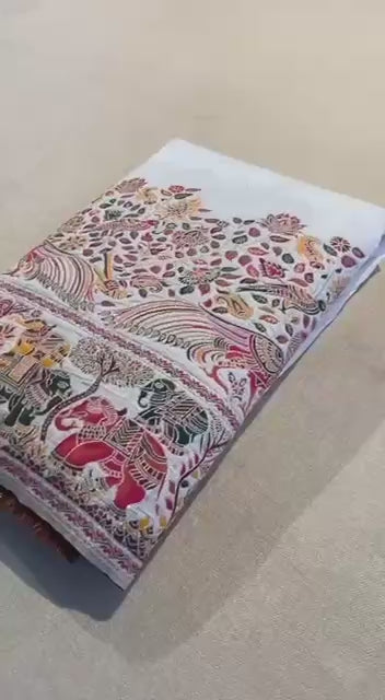 Pure Soft Rajwadi Pashmina Silk Saree with Kashmiri Woven Pallu &amp; Heavy Zari Border-white