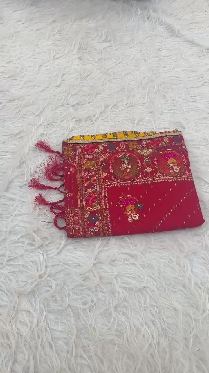 ✨ Elegant Soft Silk Red Saree with Pashmina Work &amp; Contrast Blouse ✨